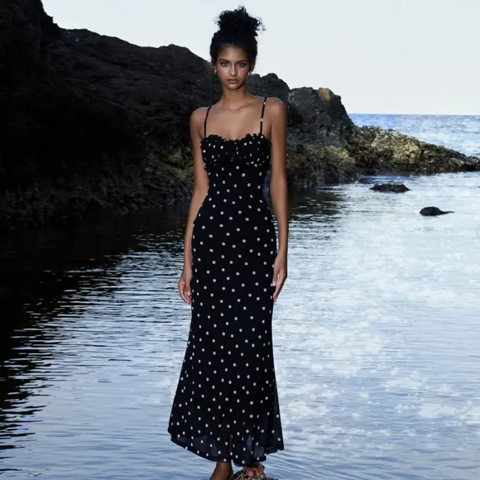 WanHuiShop New Women's Polka Dot Camisole Dress French Style Slim Fit Backless Skirt-1